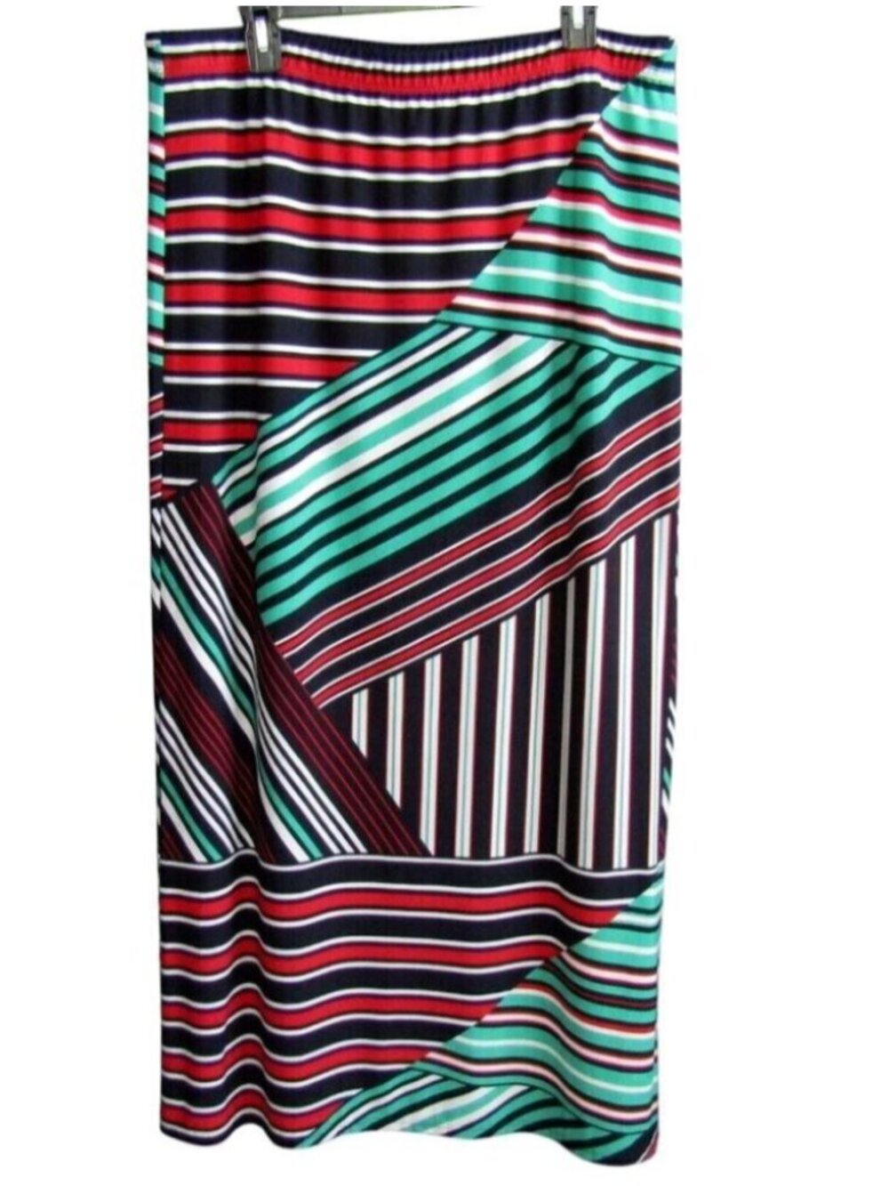Susan Graver Printed Liquid Knit Maxi Skirt Size L Blue Red Green Stripe Slit